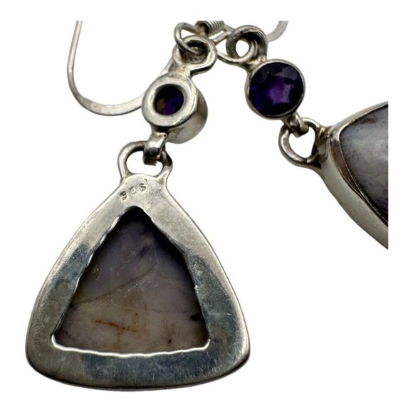 Sterling Silver & Amethyst Lavender Jade Dangle Earrings Triangular Gemstone - Picture 2 of 4